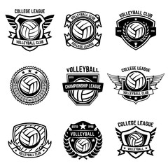 Wall Mural - Volleyball emblems on white background. Design element for logo, label, emblem, sign, badge. Vector illustration