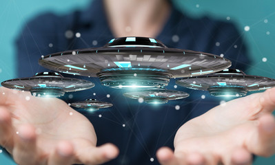 Poster - Businesswoman with retro UFO spaceship 3D rendering