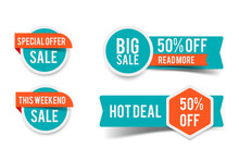 Sale Round Banner Set, Circle Special Offer Tag Collection. Hot Deal 50% Off Badge Template, This Weekend Only Sale Icon