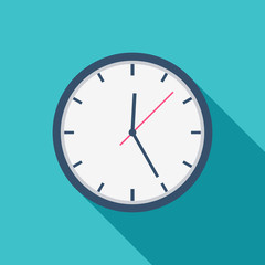 white clock icon flat design for apps and website, trendy office clock with shadow on a blue backgro
