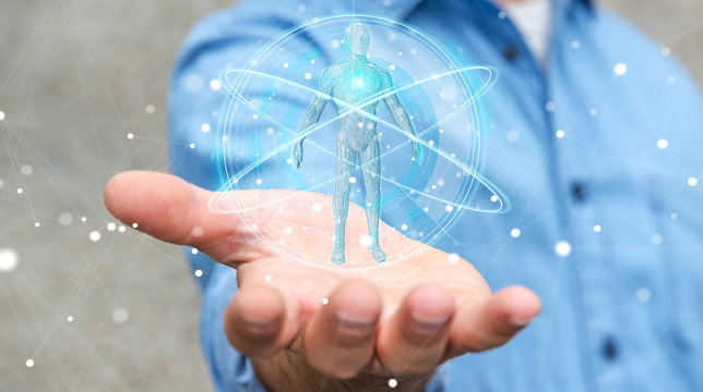 Businessman using digital x-ray human body scan interface 3D rendering