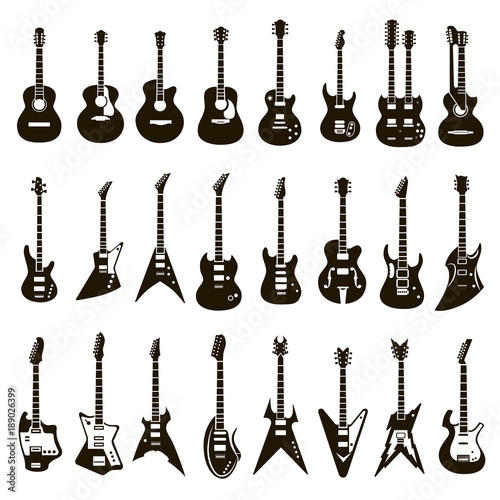 24 black and white icons of guitars and electric guitars Fototapet