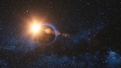 Wall Mural - sunrise view on rotating planet earth and moon. milky way with thousand stars in the background. hig