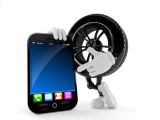 Poster - Car wheel character with smart phone