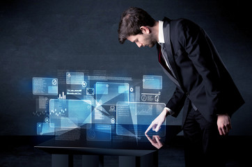 Poster - Man pressing technology smart table interface