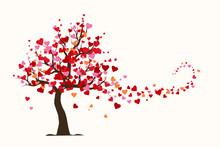 Valentine's Day Card, Love Tree With Heart Leaves Flat Illustration Vector.