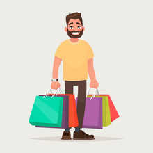 The Man Is Shopping. The Guy With The Packages. Vector Illustration In Cartoon Style