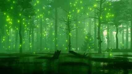 Wall Mural - fairytale woodland scenery with mysterious magic firefly lights flying over creepy forest swamp at d