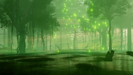 Wall Mural - mysterious forest swamp with magical firefly lights soaring in the air at dark misty night. fantasy 