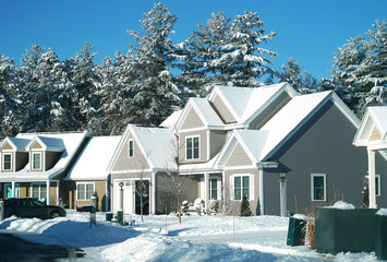 Poster - Modern houses in a row in residential area after snow storm