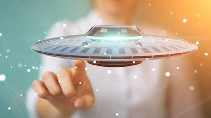 Poster - Businesswoman with retro UFO spaceship 3D rendering