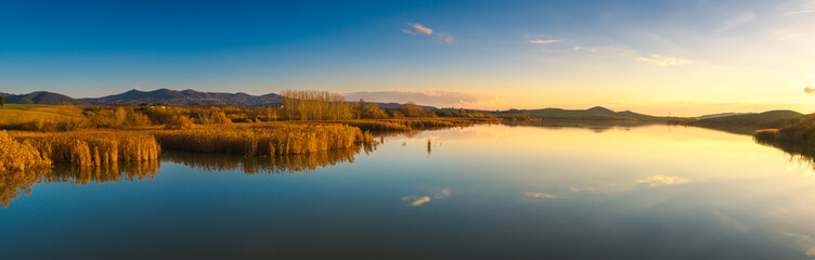 Poster - Tuscany, Santa Luce lake panorama on sunset, Pisa, Italy