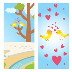 Wall Mural - Two lovely birds spring card with tree and couple vector fall in love fly animals kissing with hearts yellow birds illustration