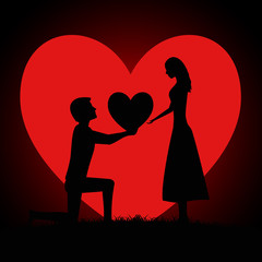 Silhouette of two young lovers on background of the moon in the form of a heart. Man begging a woman for love by giving a big heart.  Valentines Day Card. Vector illustration