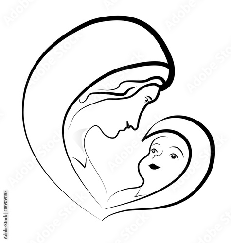 Fényképezés Virgin Mary and baby Jesus, vector drawing