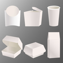 Set Of Drawn Realistic Take Away Food Box Mock Up Design. Blank White Cardboard Carry Package, Product Container, Empty Food Box, Paper Glass. Takeaway Food Box Template. Vector Illustration