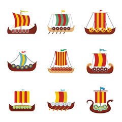 Wall Mural - Viking ship boat drakkar icons set. Flat illustration of 9 viking ship boat drakkar vector icons for web