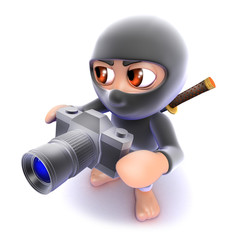 Wall Mural - 3d Funny cartoon ninja assassin taking a photo with a camera
