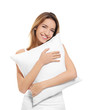 Young woman with soft pillow on white background