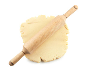 Poster - Raw dough and rolling pin on white background