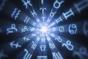 abstract astrology background with zodiac signs in circle. 3d rendered illustration.