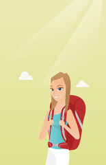 Poster - Young caucasian white traveler woman standing with a backpack and enjoying her recreation time. Happy smiling woman during summer trip. Vector cartoon illustration. Vertical layout.