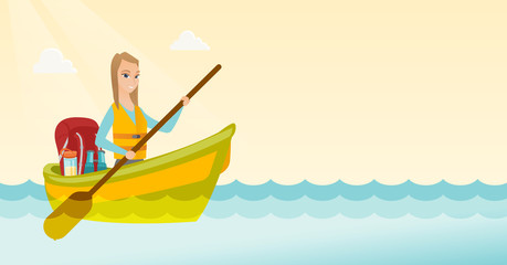 Sticker - Young caucasian white traveler woman riding a kayak on the river. Cheerful traveler woman traveling by kayak. Concept of travel and tourism. Vector cartoon illustration. Horizontal layout.