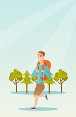 Sticker - Young caucasian white backpacker with a backpack walking outdoor. Cheerful backpacker hiking in the forest during summer trip. Vector cartoon illustration. Vertical layout.