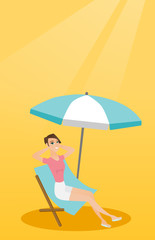 Canvas Print - Young caucasian white woman sitting on the chaise-longue under beach umbrella. Happy woman resting on the chaise-longue with folded arms behind her head. Vector cartoon illustration. Vertical layout.