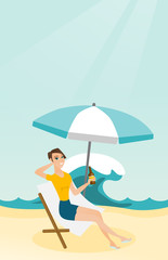 Poster - Young caucasian white woman sitting on a chaise-longue on the beach. Happy smiling woman relaxing on a chaise-longue and drinking beer. Vector cartoon illustration. Vertical layout.