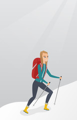 Sticker - Caucasian white mountaineer climbing a snowy ridge with help of hiking poles. Young mountaineer with a backpack and trekking poles walking up along ridge. Vector cartoon illustration. Vertical layout.