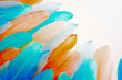 Feathers for a carnival costume. Colored confetti. White background. Pastel shades.