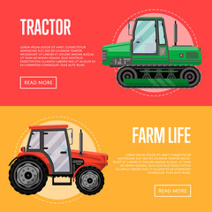 Wall Mural - Heavy agricultural machinery for field work flyers. Wheeled and caterpillar tractors vector illustration. Rural industrial technics for agribusiness, new farm commercial transport shop advertising.