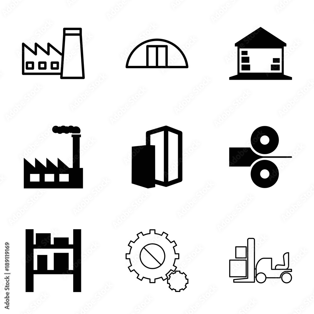 Factory icons. set of 9 editable filled and outline factory icons Stock ...
