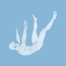 3d Man Slipping And Falling. Silhouette Of A Man Fallen Down. 3D Model Of Man. Human Body Model. Vector Illustration.