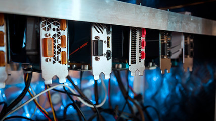Fototapete - Сomputer quipment  graphic cards for crpytocurrency mining, close up