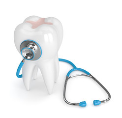 Wall Mural - 3d render of tooth with dental inlay and stethoscope