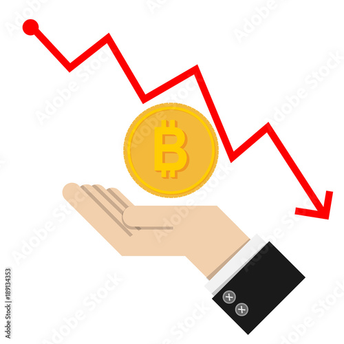Vector Financial Falling Concept With Golden Bitcoins Ladder On Red Concept With Golden Bitcoins Ladder On Red Graph Chart Background Isolated White Trade Finance Exchange Rate Fluctuation