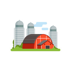 Sticker - Agricultural silo towers and red barn, countryside life object vector Illustration