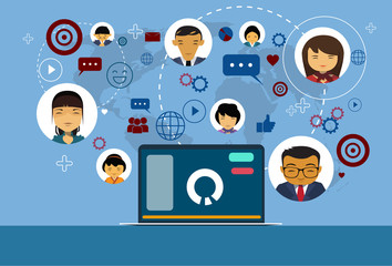 Poster - laptop over social media and network communication icons world map background flat vector illustrati