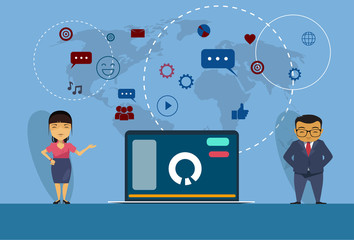 Poster - asian business man and woman standing at open laptop social media and network communication world ma