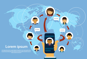 Poster - hand hold smart phone social media and network communication icons world map background flat vector 