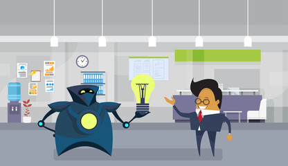 Poster - Robot Giving Asian Business Man Light Bulb New Creative Idea Development Concept Flat Vector Illustration