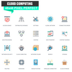 Poster - Modern flat network and cloud technology icons set for website and mobile site and apps. Contains such Icons as Cloud Computing, Hosting. 48x48 Pixel Perfect. Editable Stroke. Vector illustration.