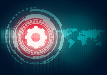 Aufkleber - Abstract digital concept touch screen interface with gear icon on circuit element and world map. For branding, graphic design, wallpaper. Turquoise blue illustration with bright red color spot.