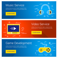 Wall Mural - music service. video service. game development. line art flat design illustration. vector web banner