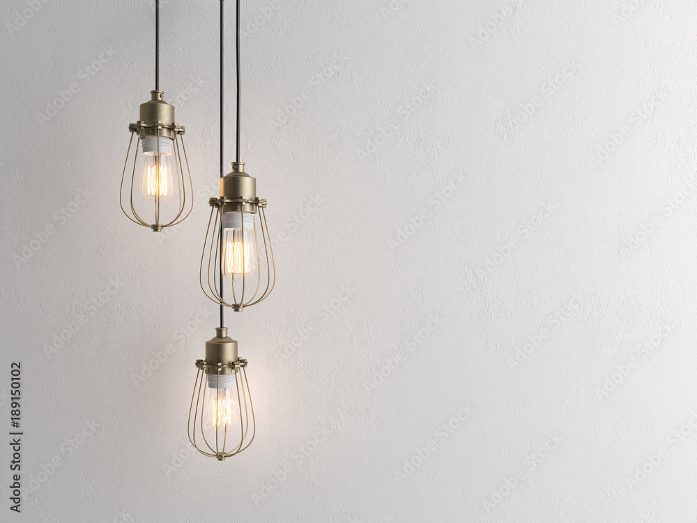 Three vintage lamps hanging from the ceiling with wall 3D renderind - obrazy, fototapety, plakaty 