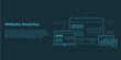 Web banner with illustration of different devices demonstrating website analytics interface. Line art on dark background