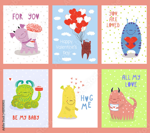 Set Of Hand Drawn Valentines Day Greeting Cards Templates With Cute Funny Cartoon Alien Monsters And Romantic Quotes Flat Style Ready To Use Design Concept For Children Vector Illustration Buy This