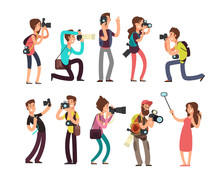Funny Professional Photographer With Camera Taking Photo In Different Poses Vector Cartoon Characters Set